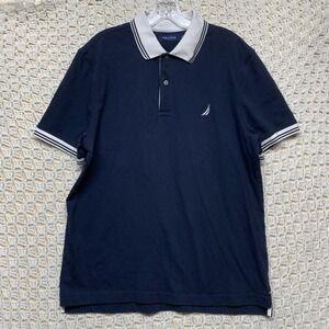 Nautica Shirt Men's Sz M Navy Blue Striped‎ Golf Polo Shirt Short Sleeve Collar